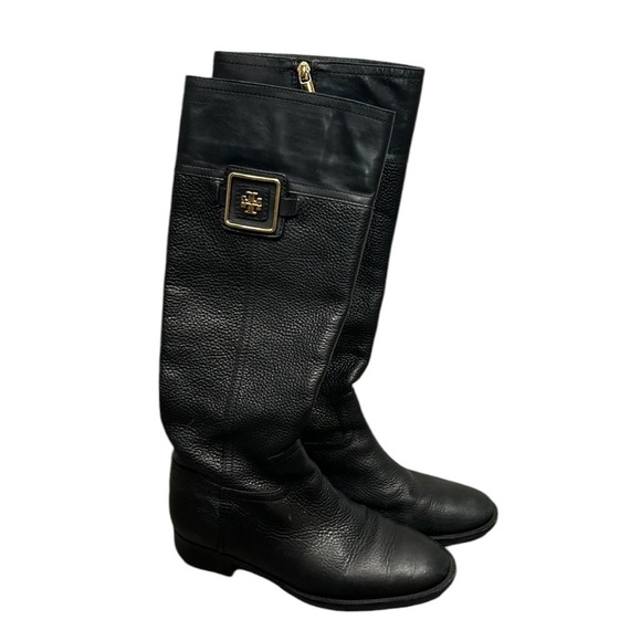Tory Burch Julian Black Pebble Leather with Gold Emblem Tall Riding Boots Size 7 - Picture 1 of 16